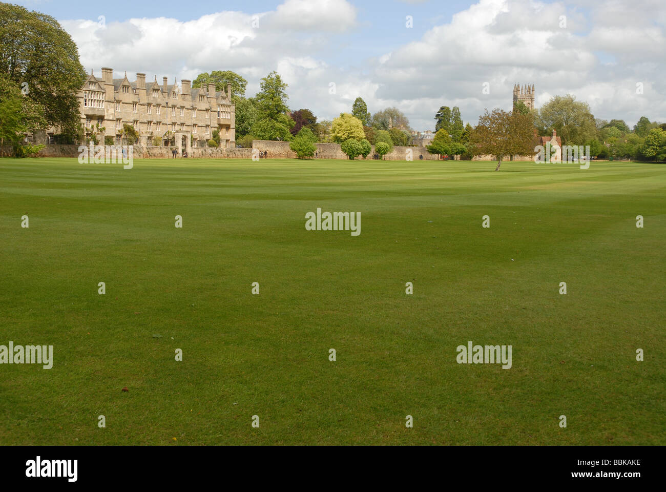 view across Merton Field to Merton College back & Magdalen Tower, Oxford, Oxofordshire, England Stock Photo