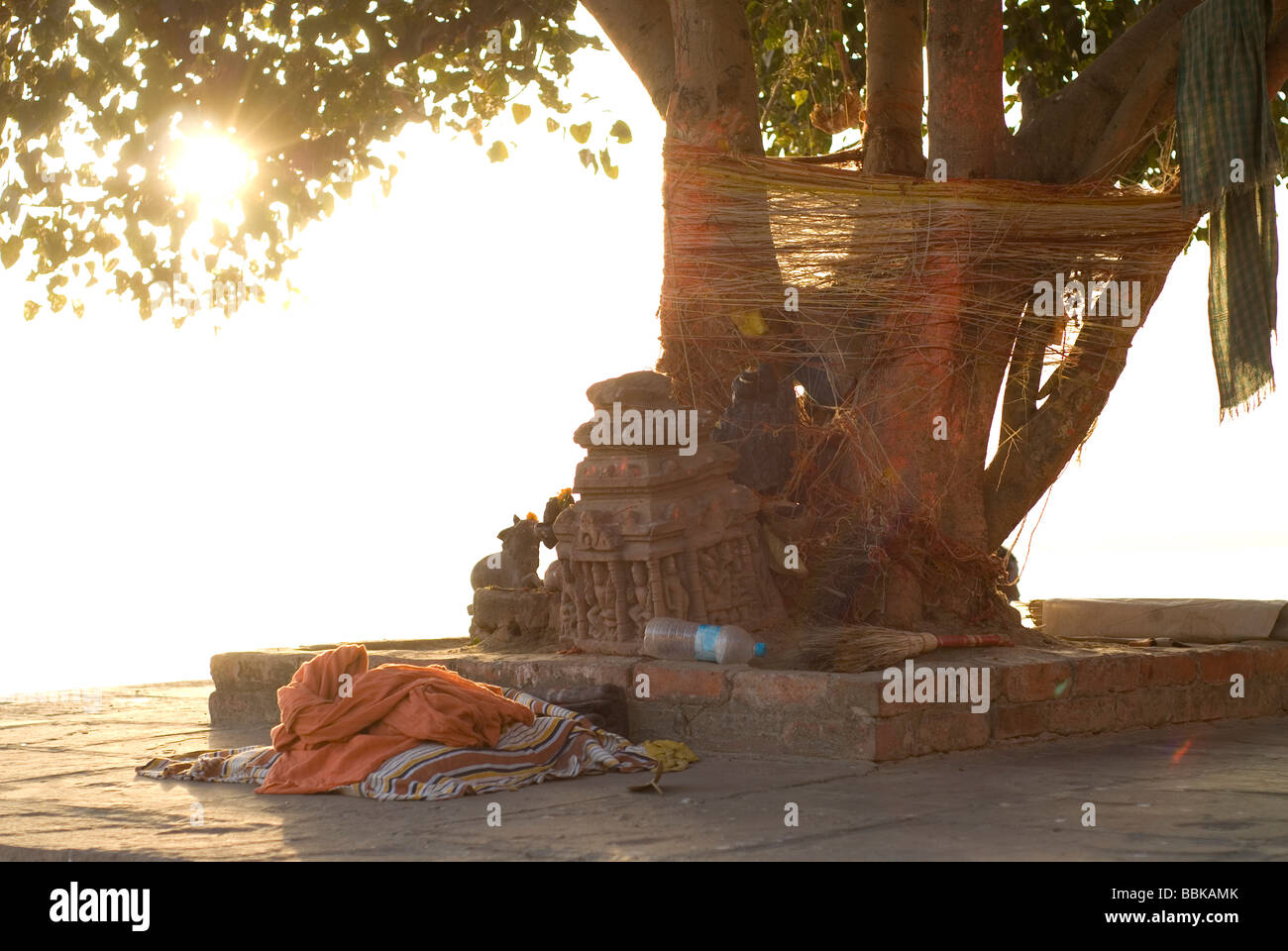 Hindu holy place on Ganges river bank. Assi Ghat, Varanasi, India. Stock Photo