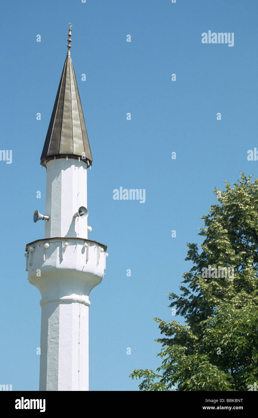 Minaret with loudspeakers in Bijelo Polje, northern Montenegro, Balkans Stock Photo