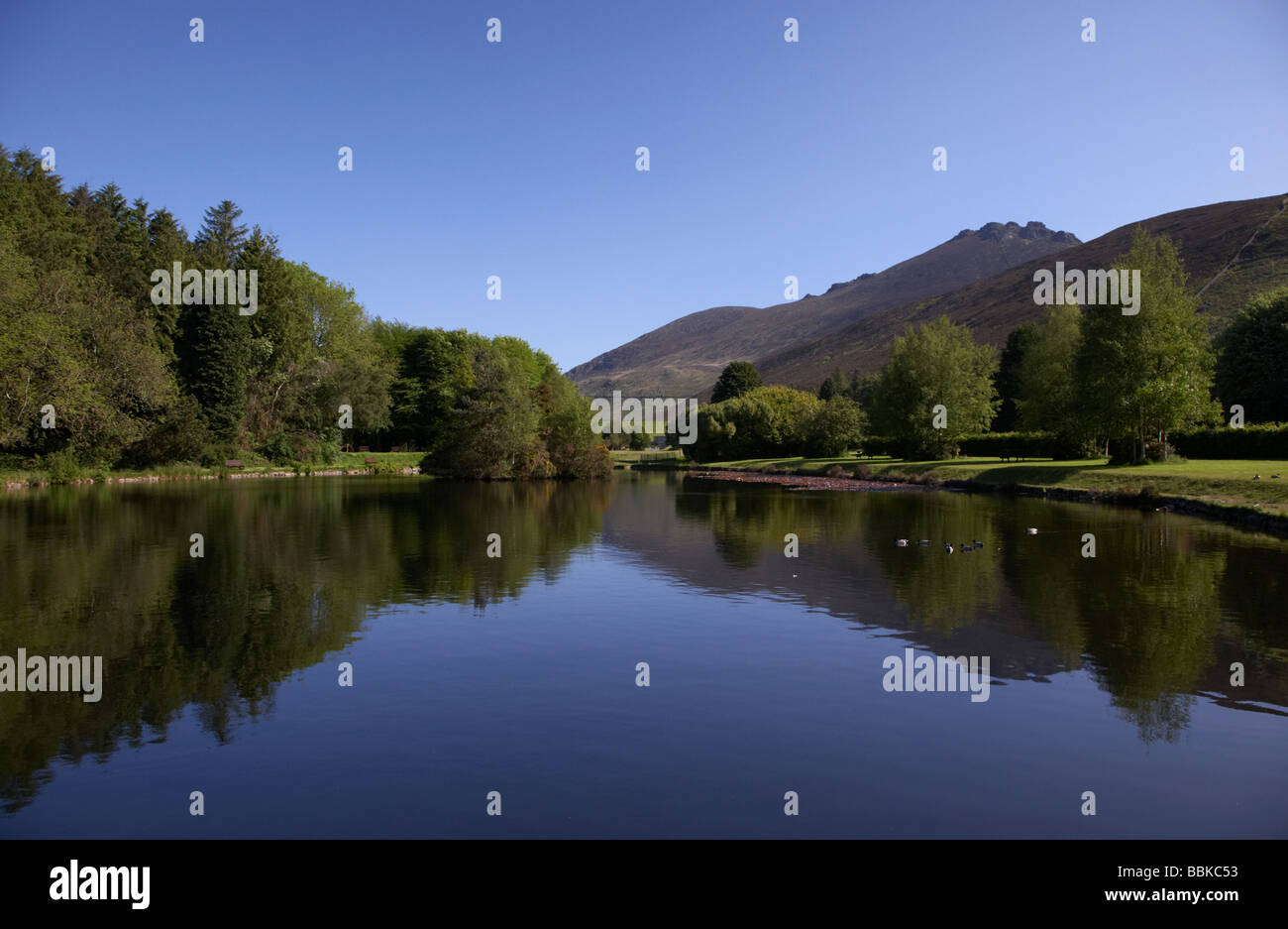 small pond in the silent valley park beneath slieve binnian in the mourne mountains county down northern ireland uk Stock Photo