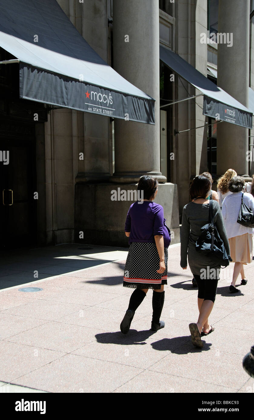 Women on the sidewalk outside Macys department store on State Street