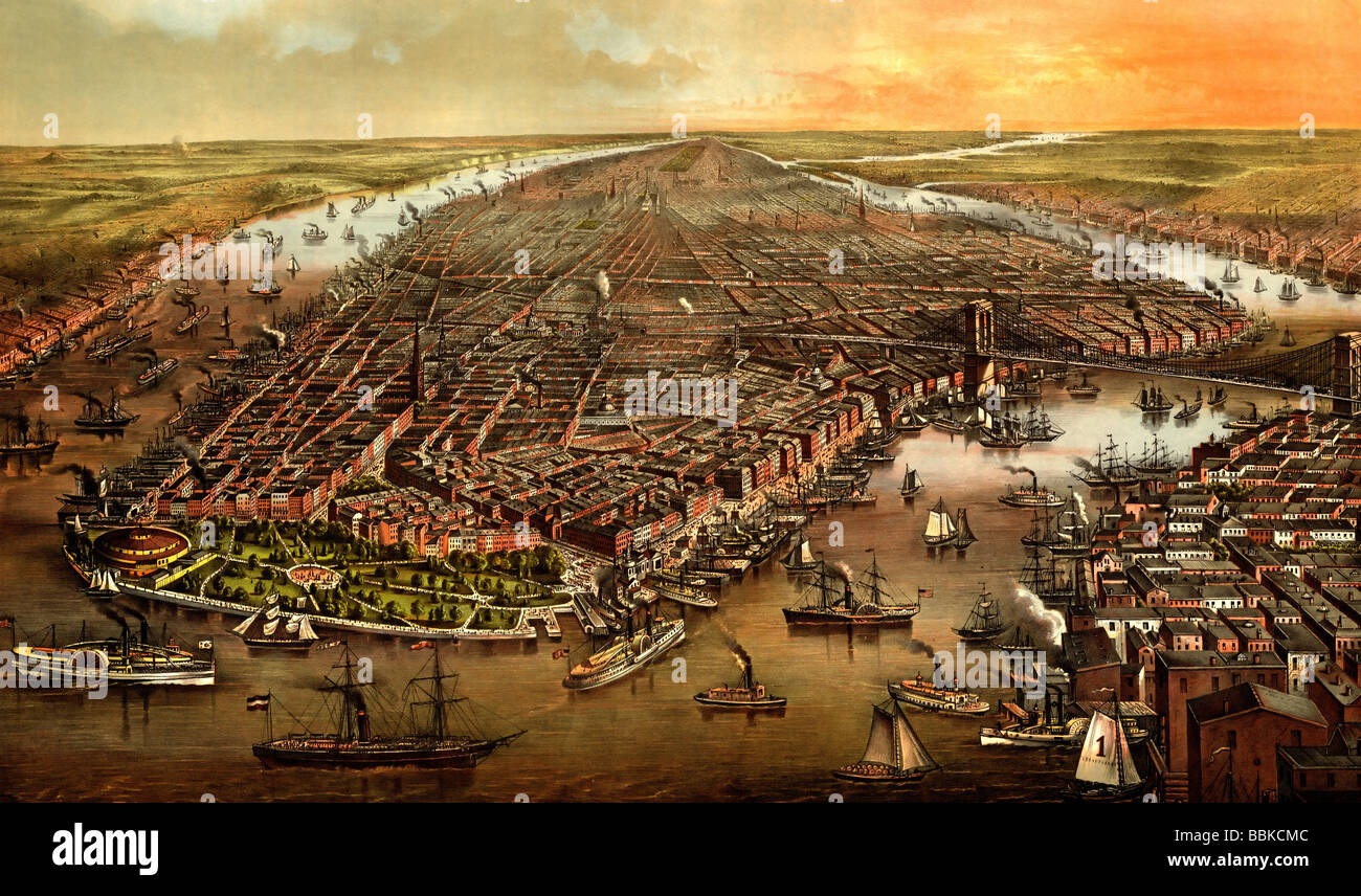 Bird-eye view of New York City, with ships in the harbor, as