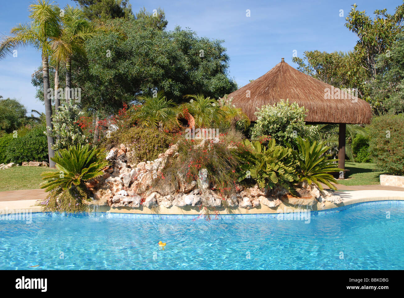 swimming pool with rockery and waterfall feature, Javea / Xabia, Alicante Province, Comunidad