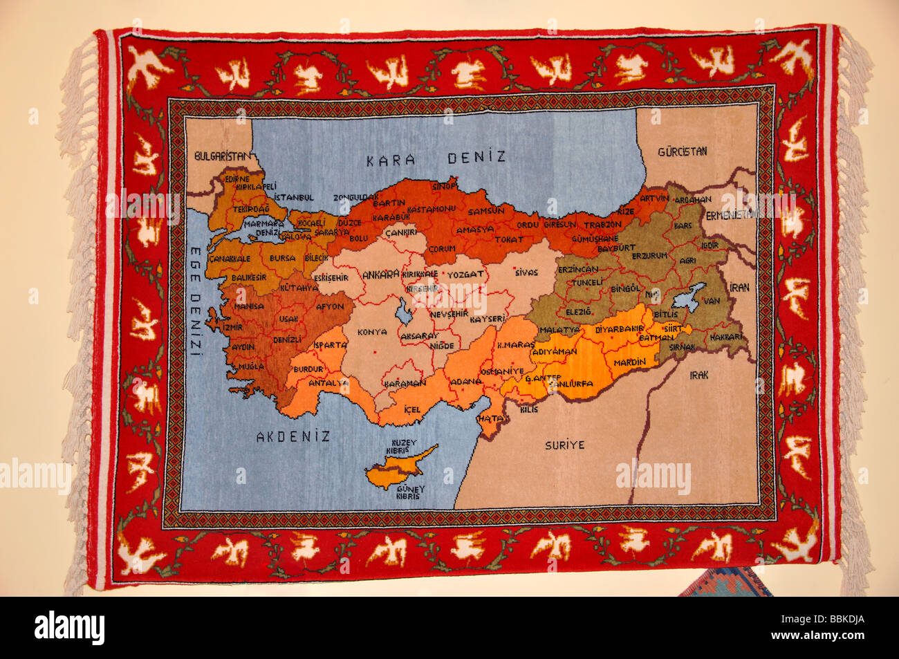 Turkish map on carpet on wall in carpet factory, Denizli, Denizli Province, Turkey Stock Photo