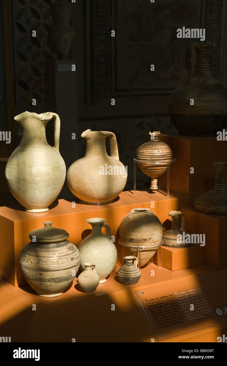 A museum display of early Greek ceramics discovered in graves at