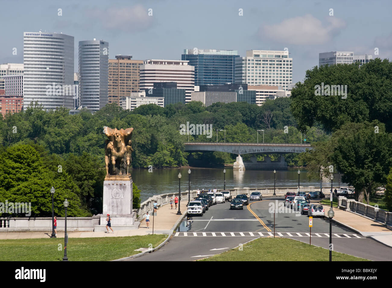 Theodore Roosevelt Bridge that crosses the Potomac River. The skyline