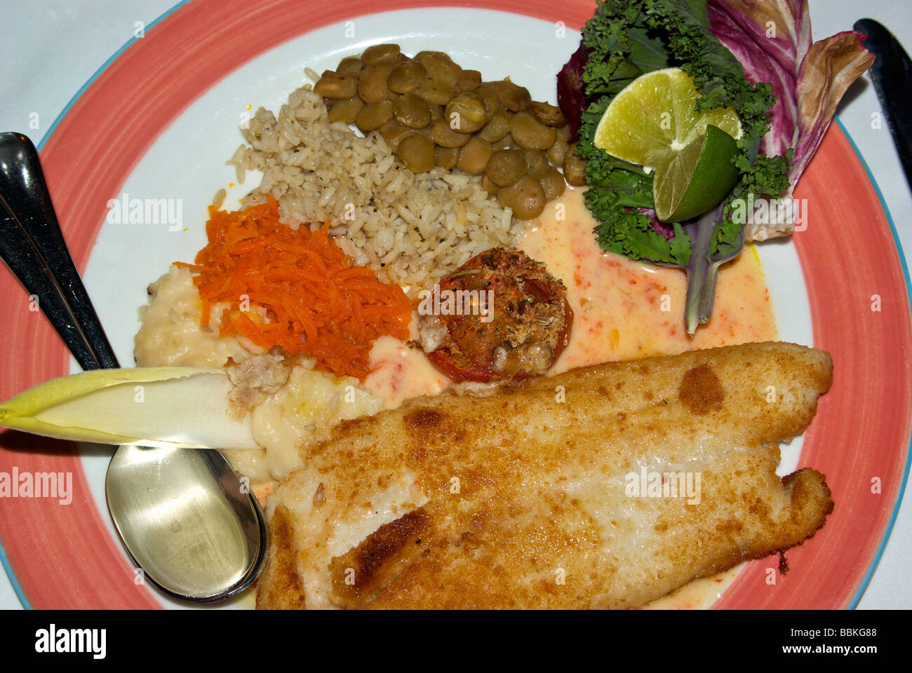 Pan fried breaded cooked breaded boneless hog snapper fillet rice carrots baked tomato lima