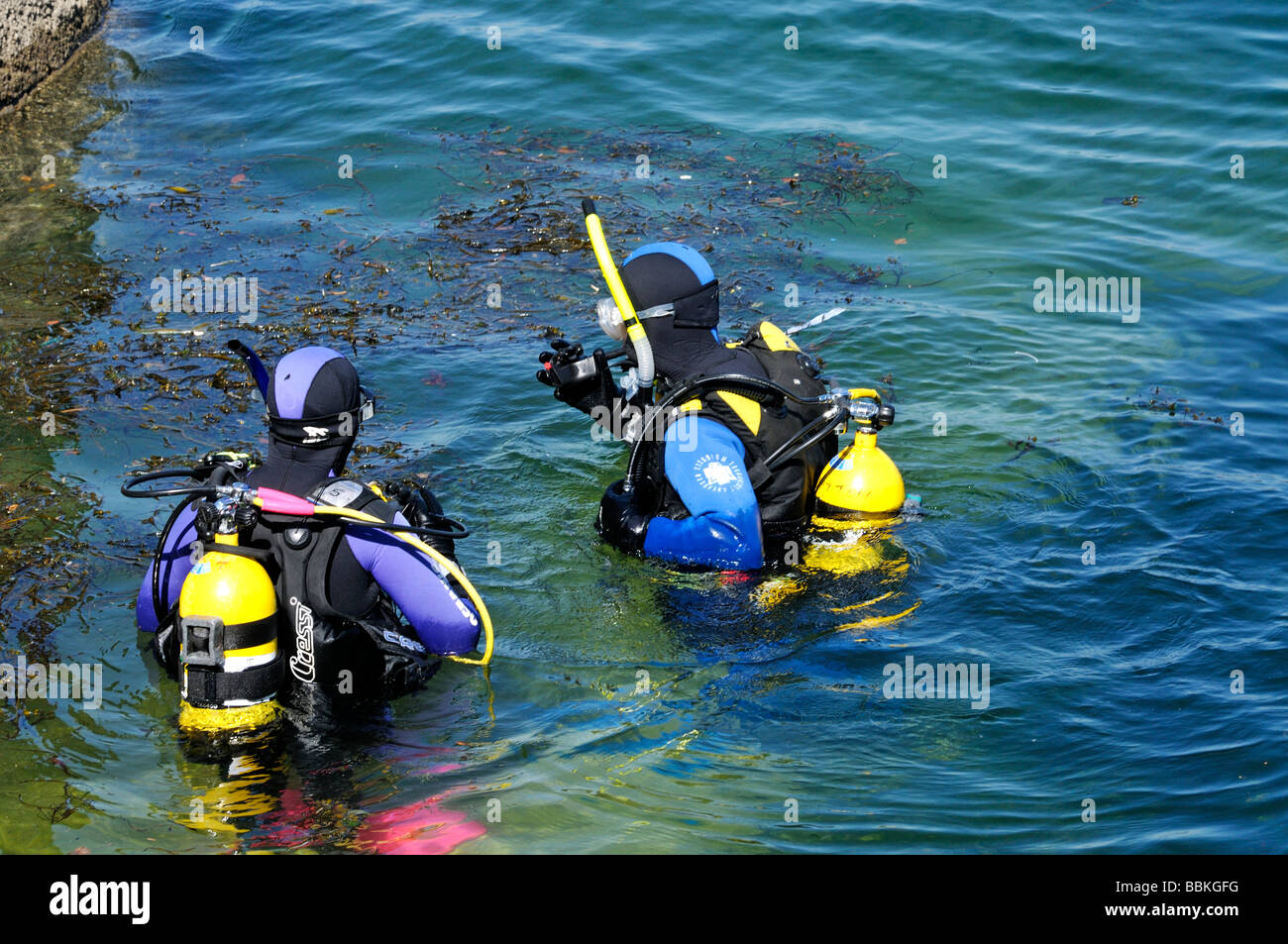 Two scuba divers standing in water before shore diving UK Stock Photo