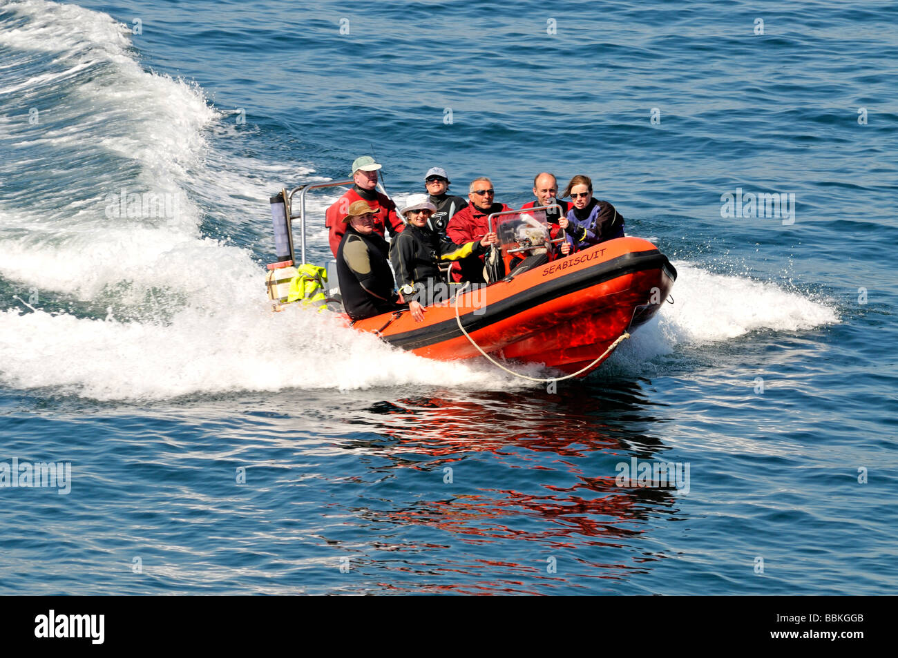 Orange RIB outboard motorboat filled with people speeding across water Stock Photo