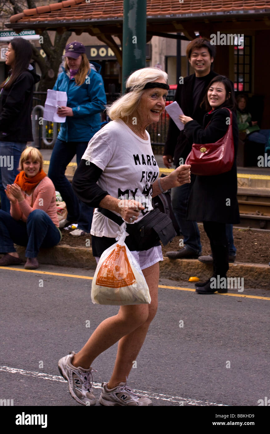 Boston Marathon 2009.  Mature Woman running in the Boston Marathon. Stock Photo