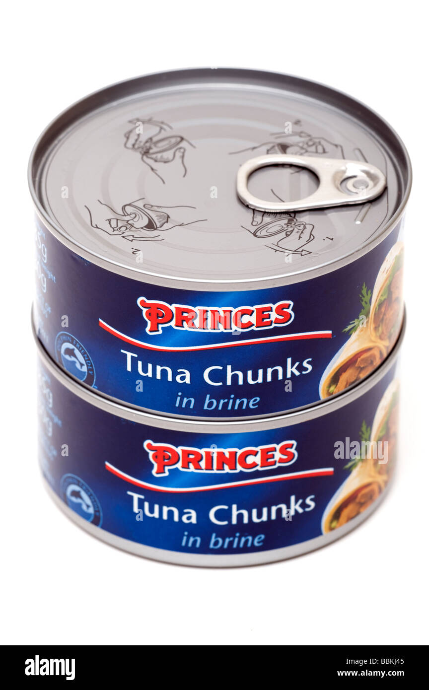 Two stacked tins of Princes Tuna Chunks in Brine Stock Photo Alamy