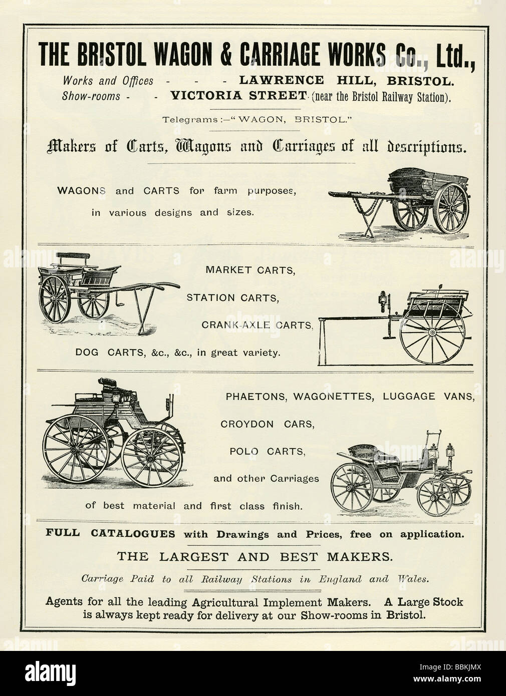 Advertisement in a Victorian mail-order catalogue for horse-drawn carts and carriages, Bristol Wagon & Carriage Works Stock Photo
