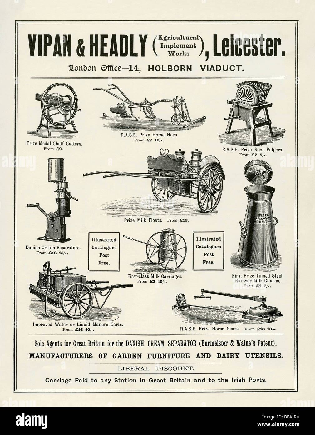 Advertisement in a Victorian mail-order catalogue for dairy farm equipment, Vipan & Headly, Leicester, Leicestershire Stock Photo