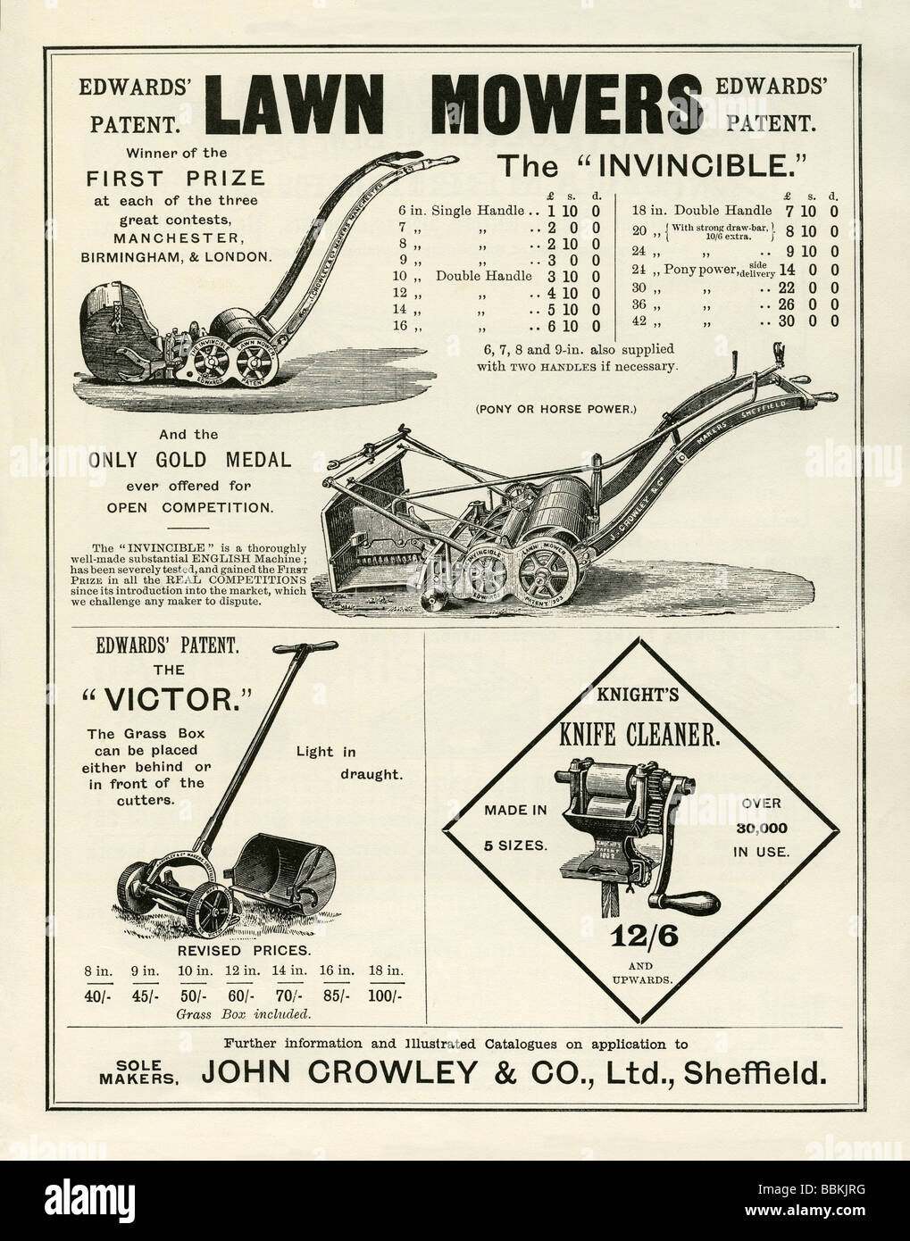 Advertisement in a Victorian mail-order catalogue for lawn mowers, John Crowley & Co, Sheffield, South Yorkshire Stock Photo