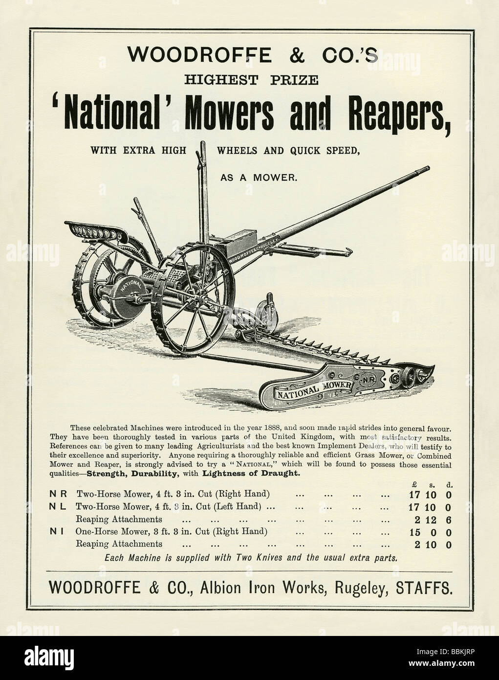 Advertisement in a Victorian mail-order catalogue for National mowers and reapers, Woodruffe & Co, Rugeley, Staffordshire Stock Photo