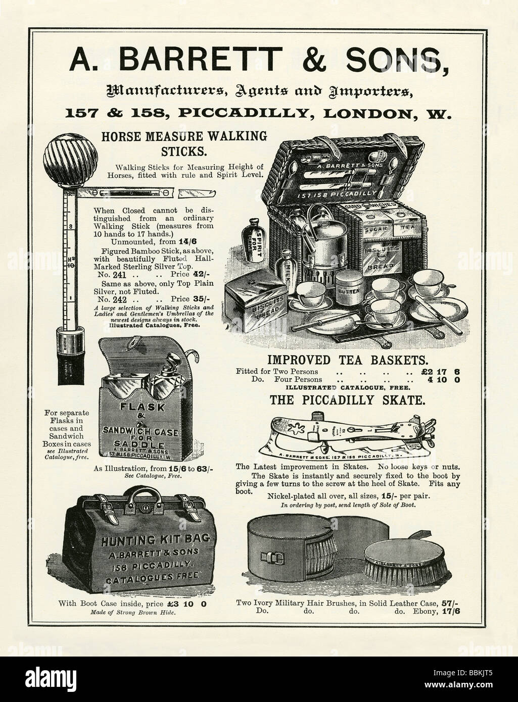 Advertisement in a Victorian mail-order catalogue for hampers, leather and equestrian goods, Barrett & Sons, Piccadilly, London Stock Photo