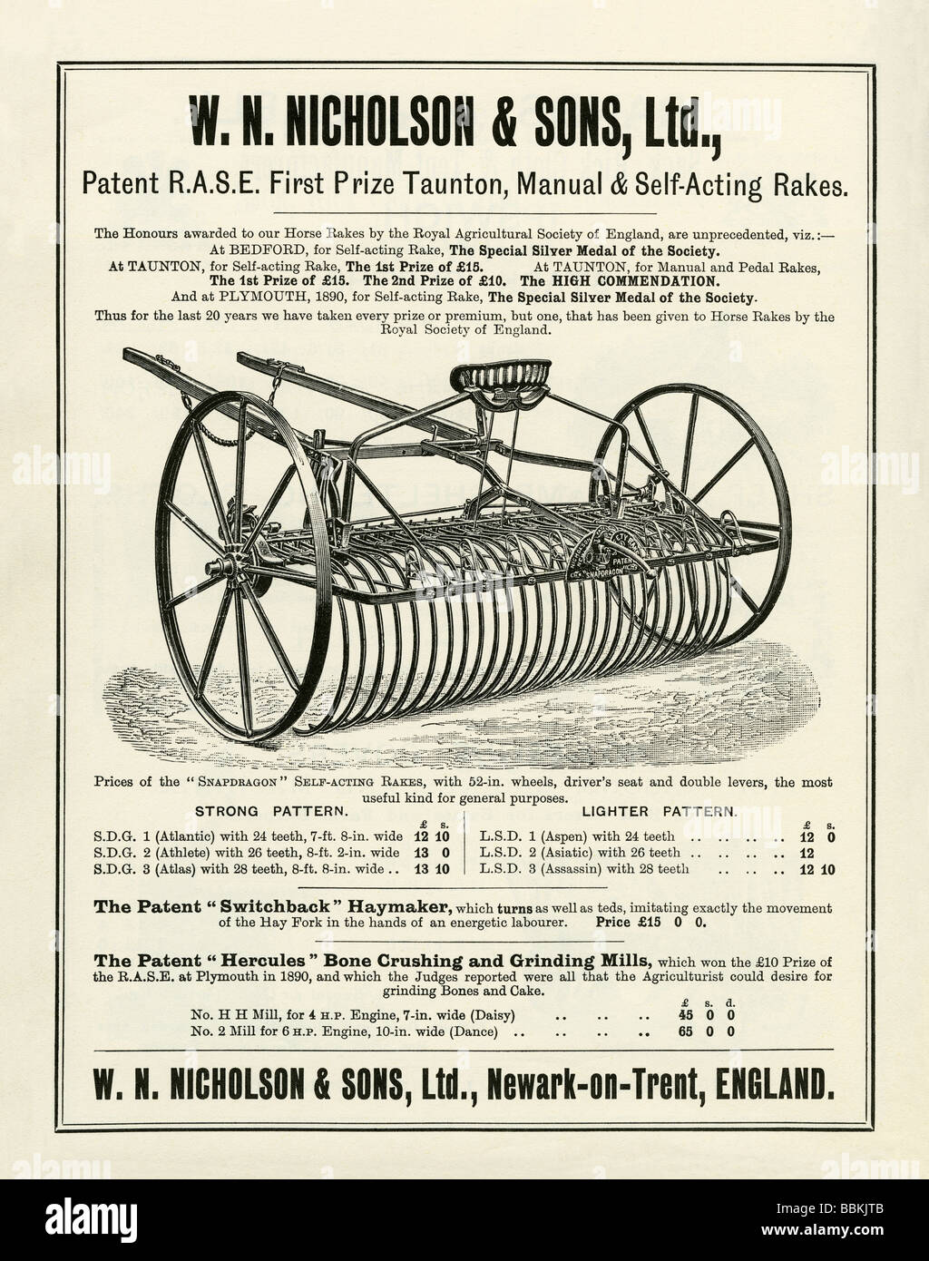Advertisement in a Victorian mail-order catalogue for field rakes, W N NIcholson & Sons, Newark-on-Trent, Nottinghamshire Stock Photo