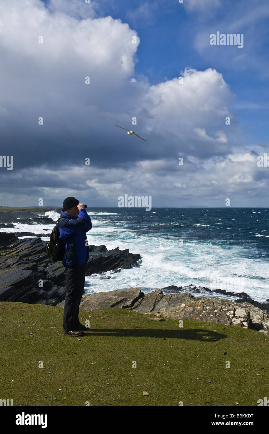 dh Bay of Ryasgeo NORTH RONALDSAY ORKNEY Birdwatcher looking out to sea and rocky coastline Stock Photo