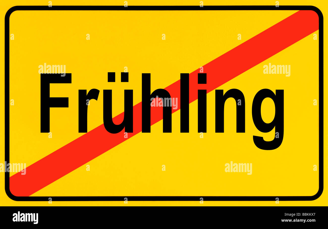 Town exit sign, German lettering Fruehling, symbolic of end of spring Stock Photo