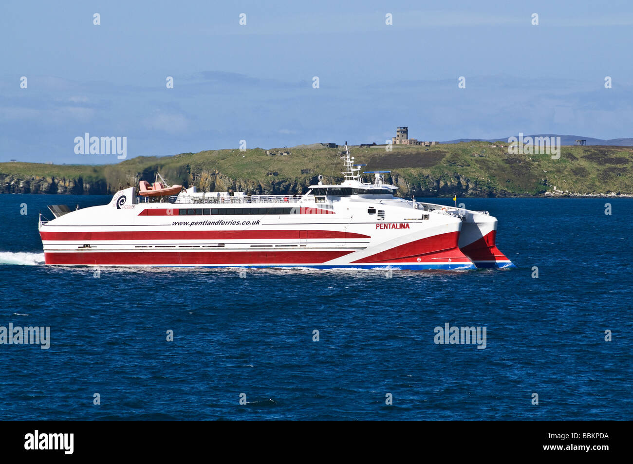 dh Pentland ferries SHIPPING ORKNEY Catamaran MV Pentalina in Hoxa Sound off Stanger Head Flotta Stock Photo