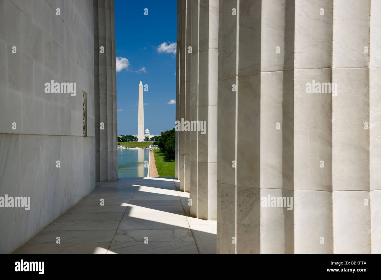 National Mall, Washington, D.C., from the Lincoln Memorial, viewing the Washington Monument and Capitol Dome. Stock Photo