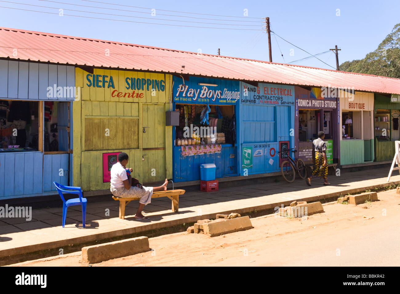 A parade of shops in Dedza, Malawi, Africa Stock Photo