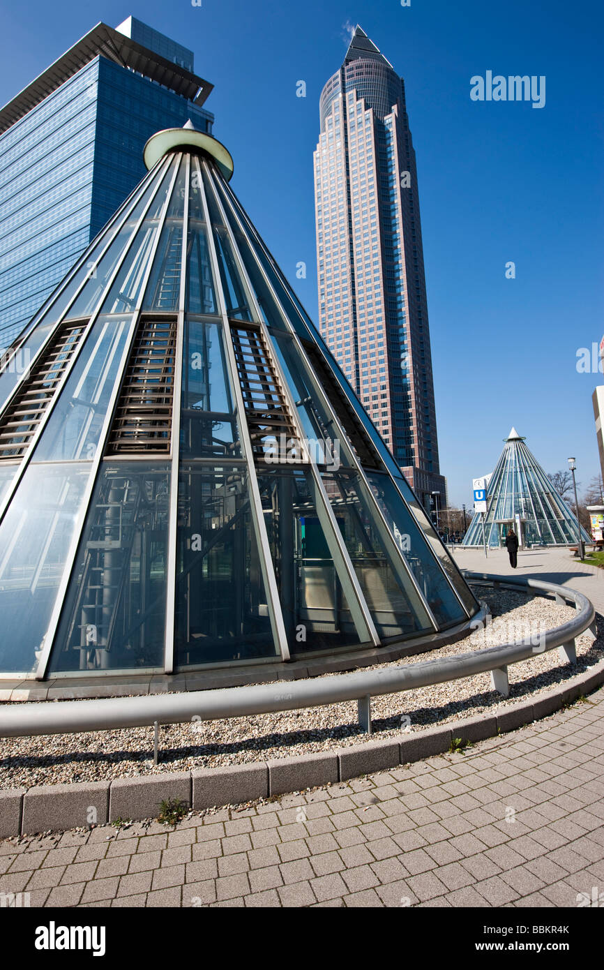 Entrance to the subway station in front of the Messeturm tower, Friedrich-Ebert-Anlage street, Frankfurt am Main, Hesse, German Stock Photo