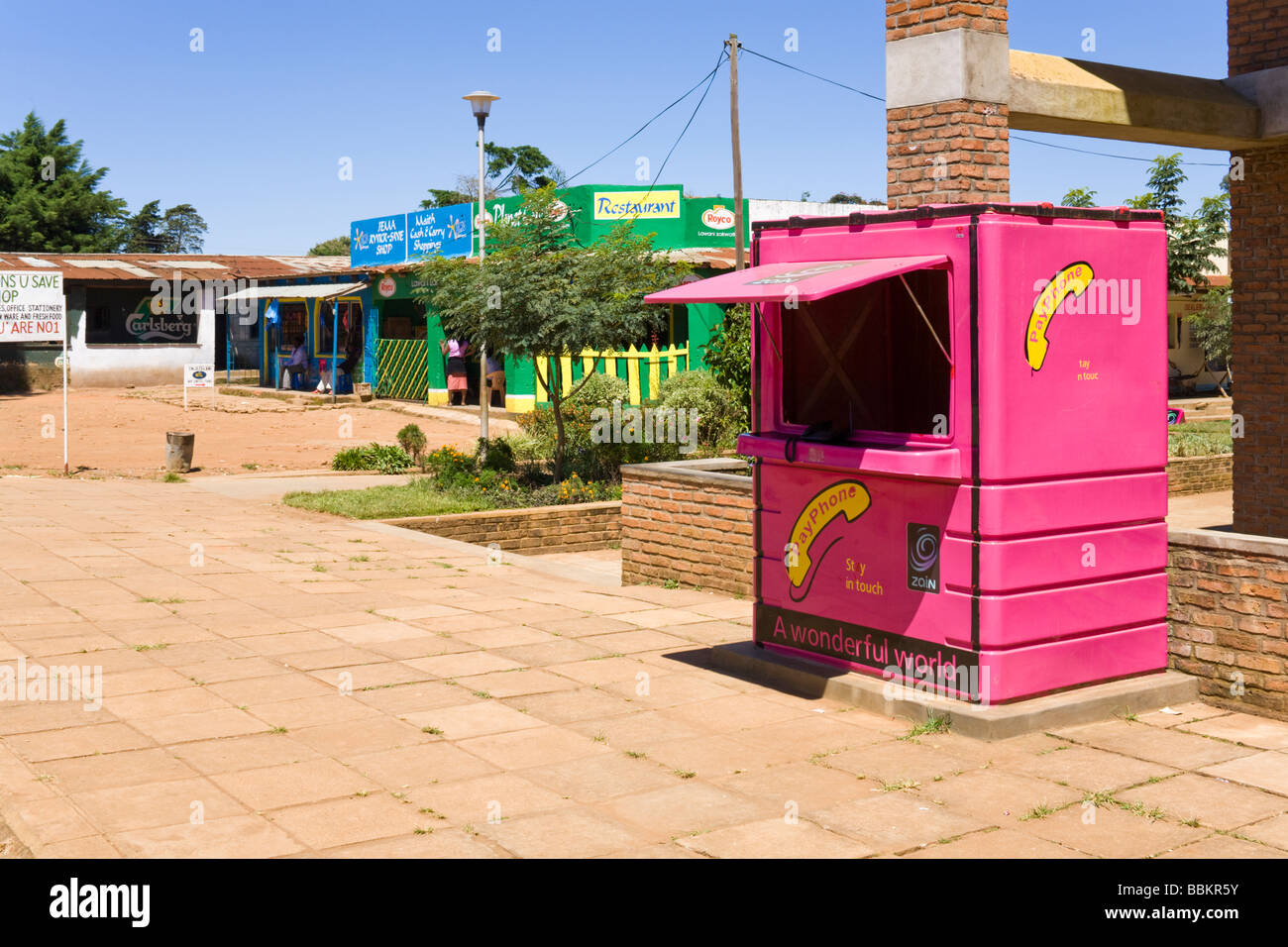 Zain mobile phone operator (replaced Celtel) kiosk at Dedza, Malawi, Africa Stock Photo