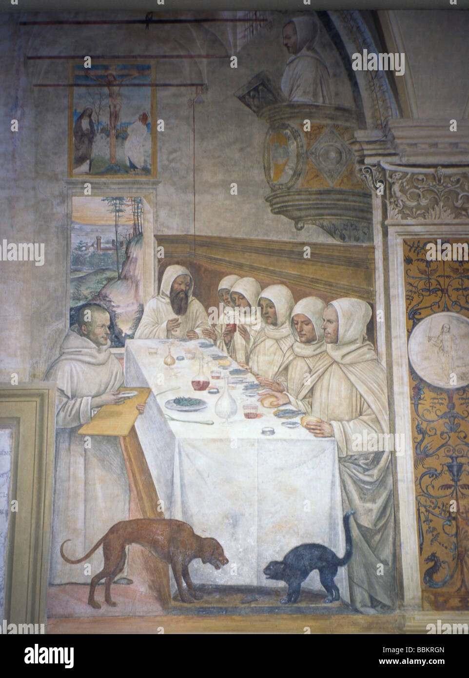 Benedictines in their refectory Fresco in Cloisters by Sodoma 1505 to 1509 Monte Oliveto Italy Stock Photo