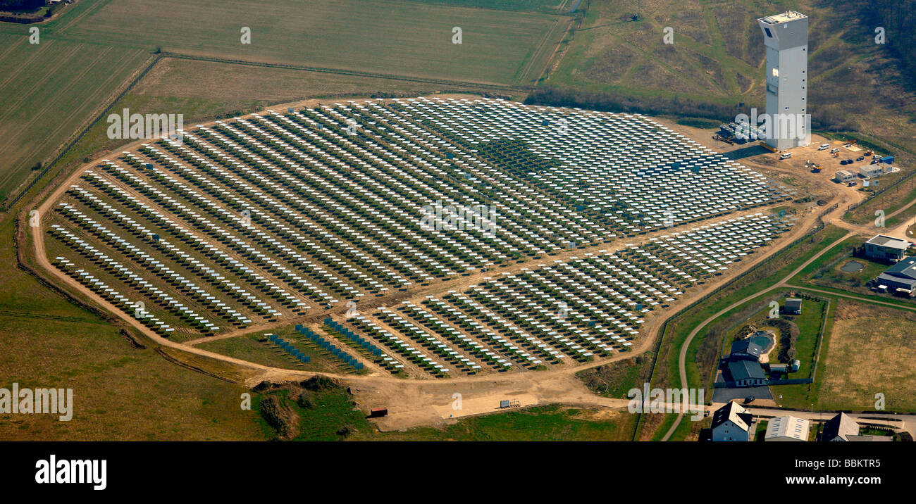 Aerial photo, solar power plant with power tower, Juelich, Rhineland, North Rhine-Westphalia, Germany, Europe Stock Photo