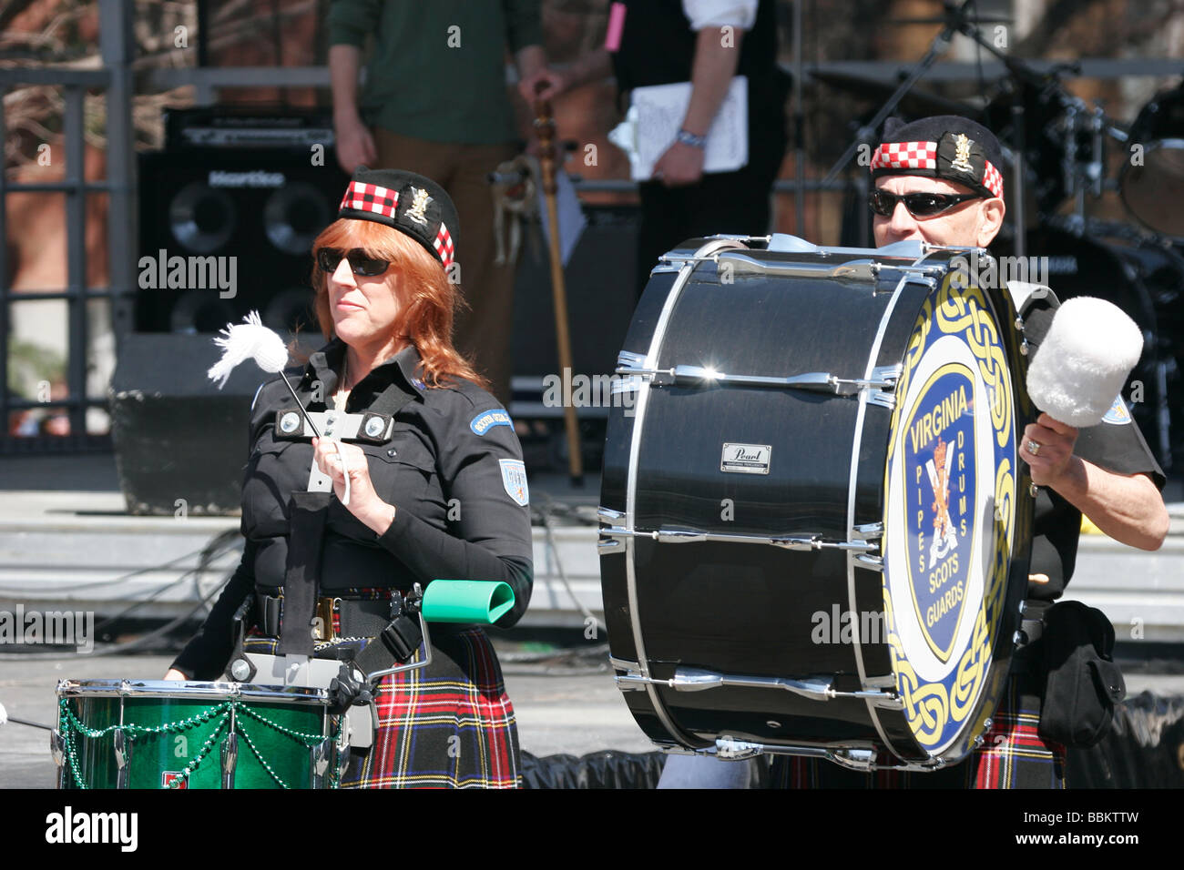 Virginia Scots Guard pipes and drums band playing at Irish Folk Festival in Richmond, Virginia Stock Photo