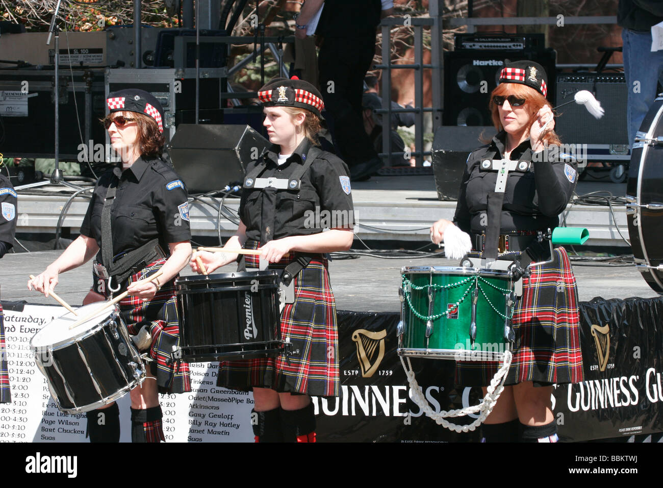 Virginia Scot Guards pipes and drums band playing at Irish Folk Festival in Richmond, Virginia Stock Photo