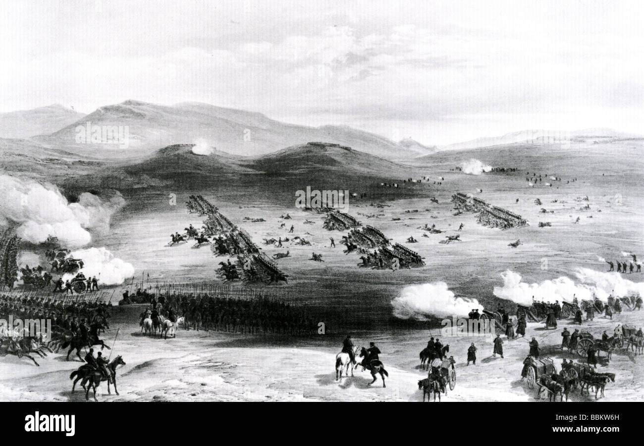 THE CHARGE OF THE LIGHT BRIGADE at Balaclava in 1859 during the Crimean War in a contemporary engraving Stock Photo