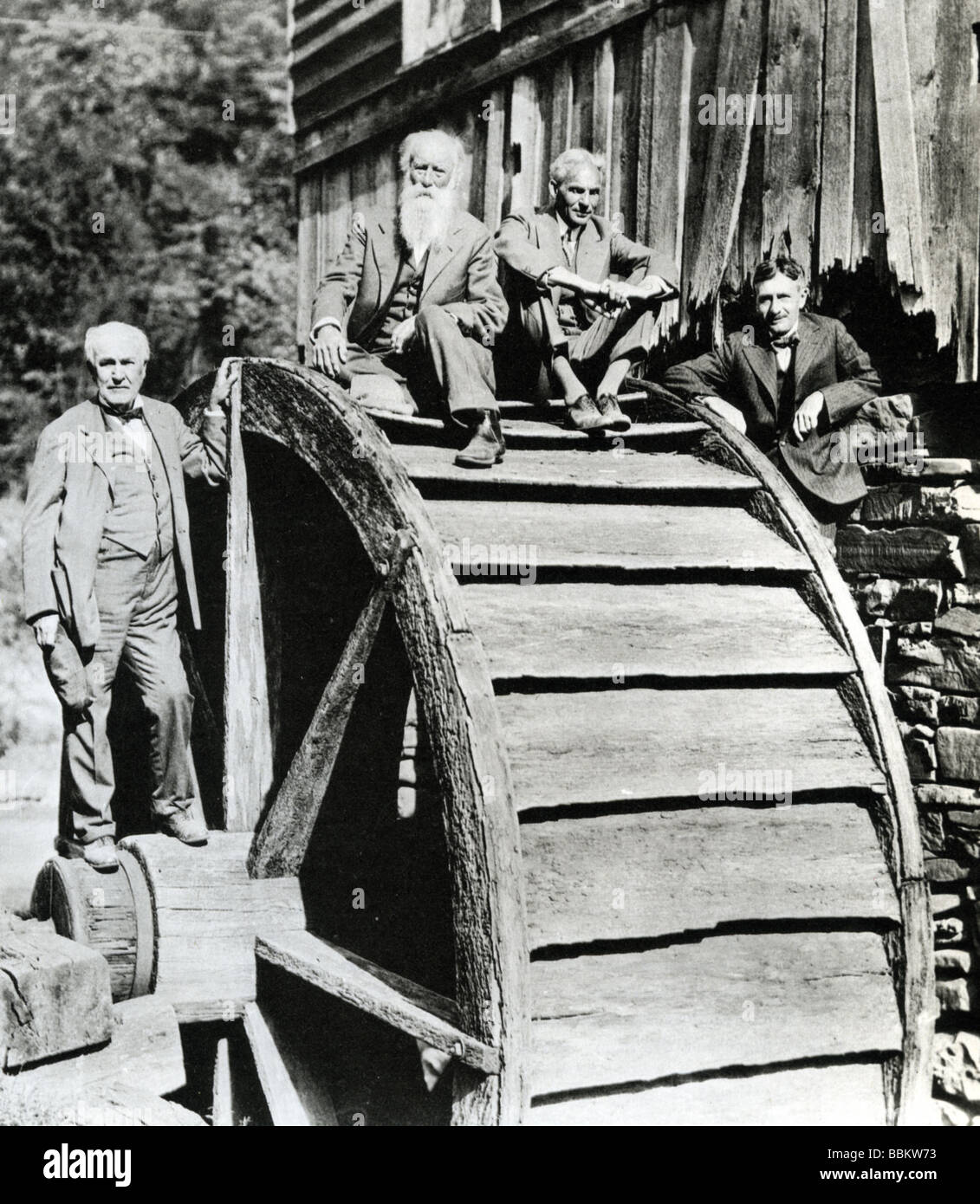 THOMAS EDISON at left with friends Seated from left John Burroughs a famous naturalist Henry Ford and Harvey Firestone owner of Stock Photo