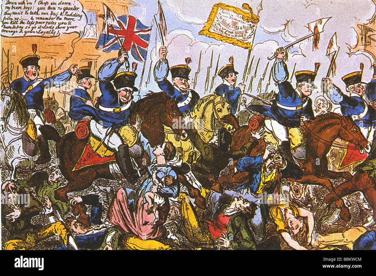 PETERLOO MASSACRE at St Peters Fields, Manchester, UK on 16 August 1819 as shown in a contemporary satirical cartoon Stock Photo