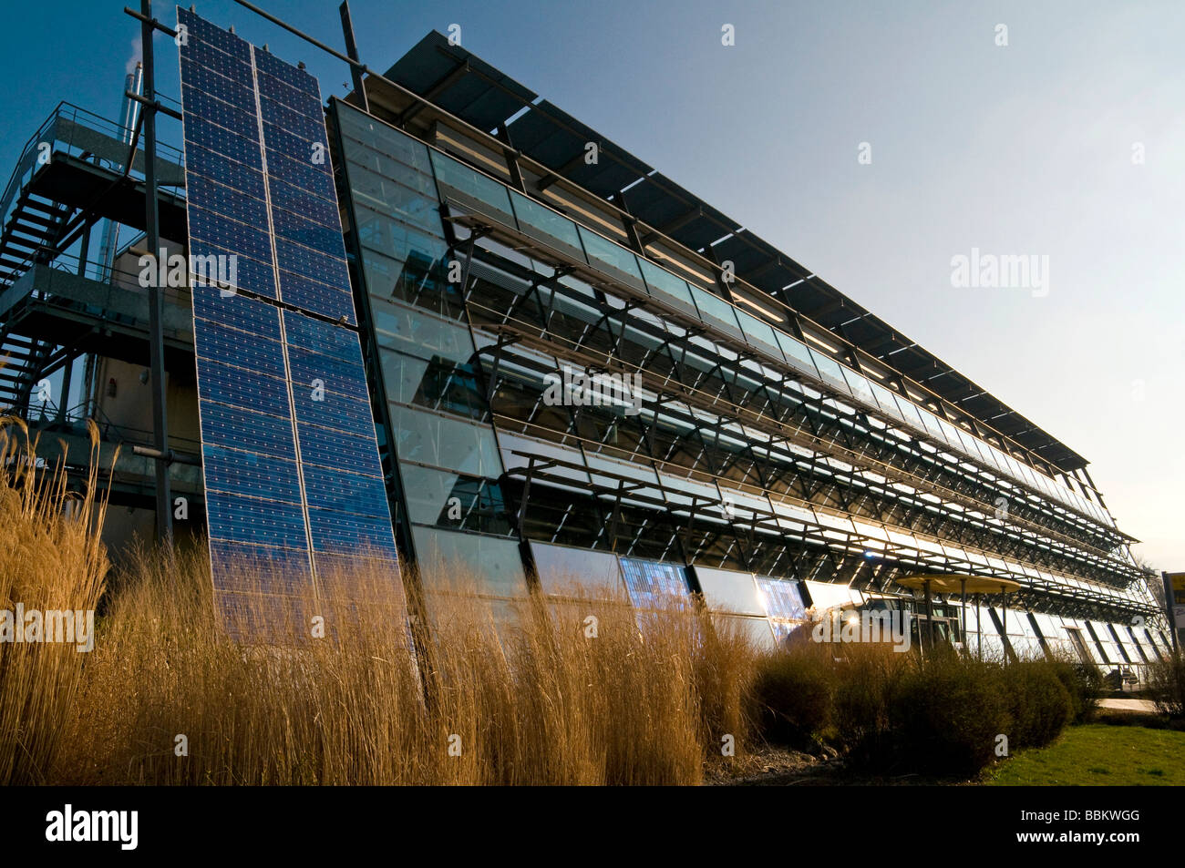 Industrial building with solar modules, Freiburg, Baden-Wuerttemberg, Germany Stock Photo