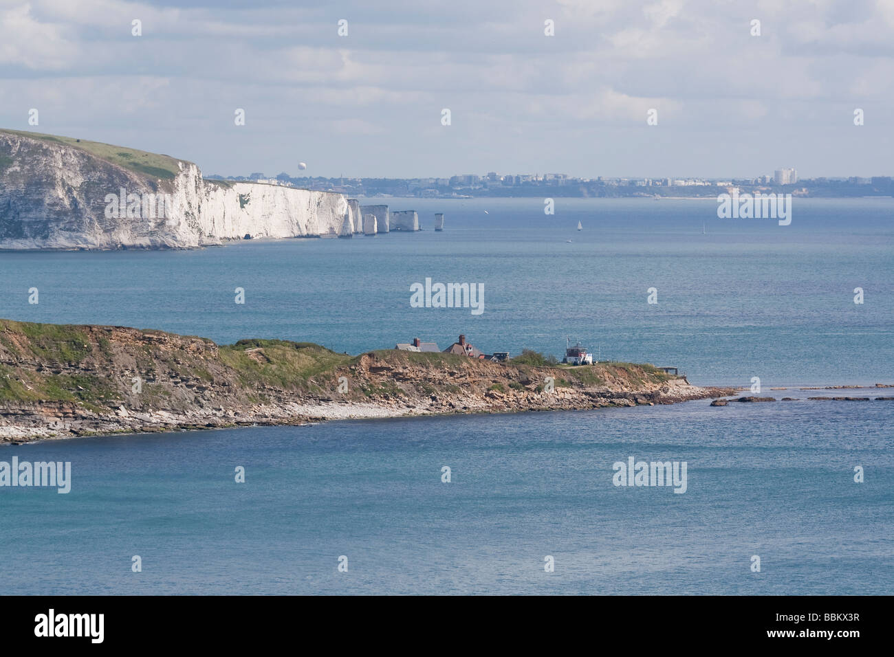 View of Peveril Point, Old Harry Rocks and Bournemouth. Dorset, UK. Stock Photo