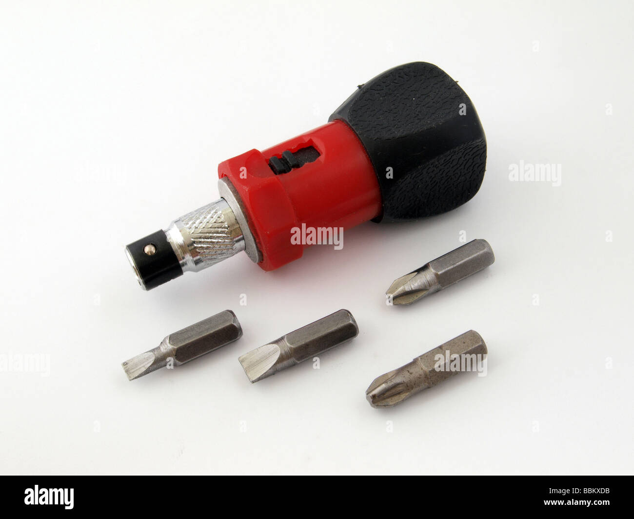 Ratchet screw driver handle and spare bits Stock Photo