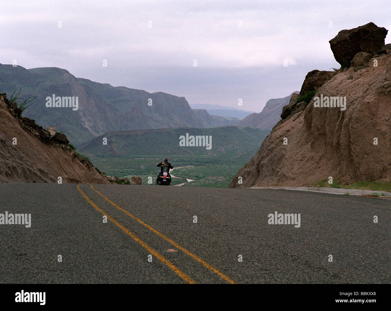 Motorcyclist in the Big Bend region of Texas Stock Photo
