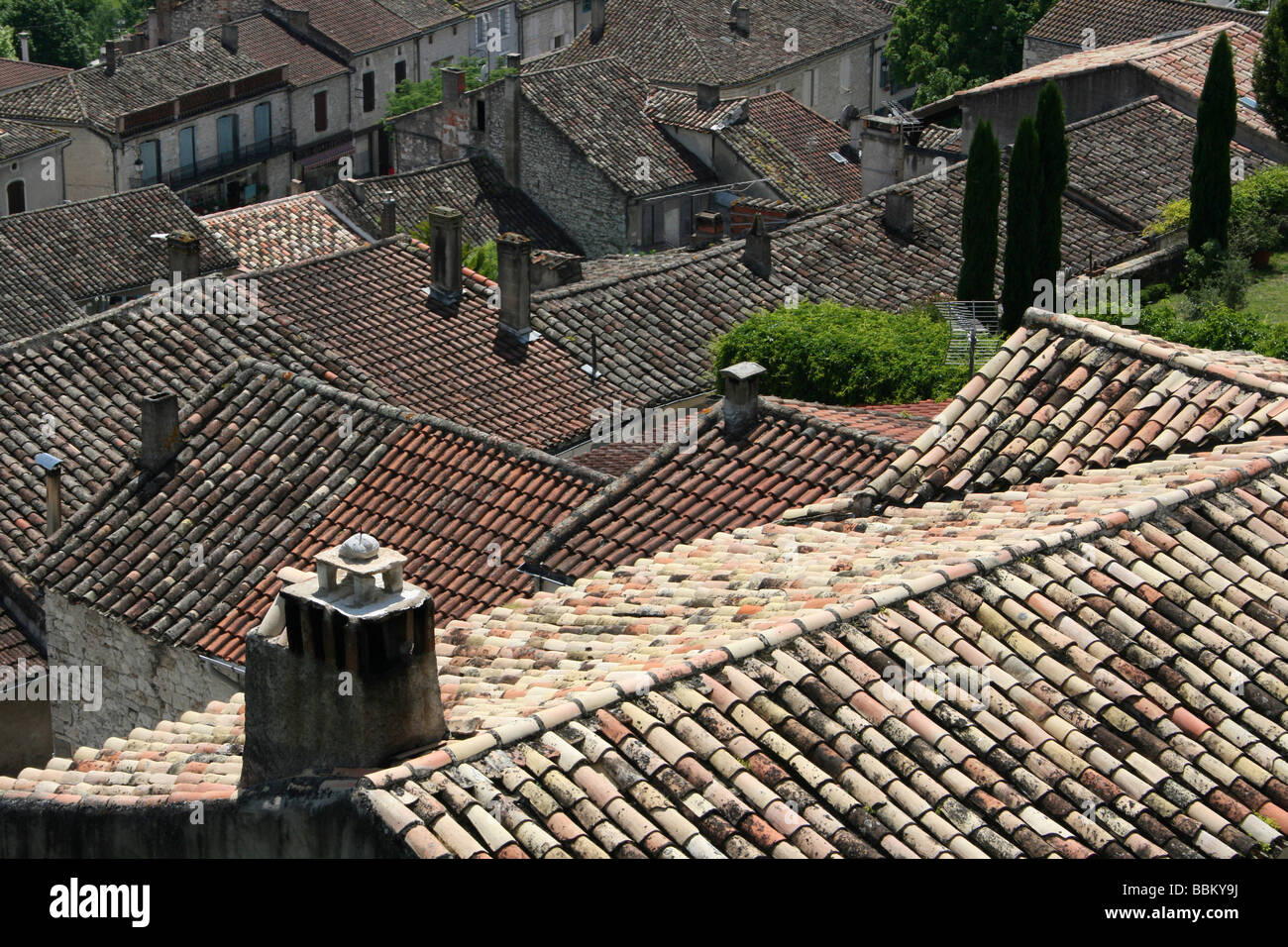View Across The Tiled Rooftops In Lauzerte, Tarn-et-Garonne, Midi-Pyrénées, France Stock Photo