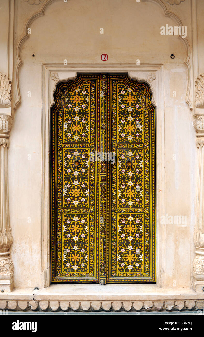 Painted door in the courtyard of the Junagarh Fort, city palace, Bikaner, Rajasthan, North India, South Asia Stock Photo