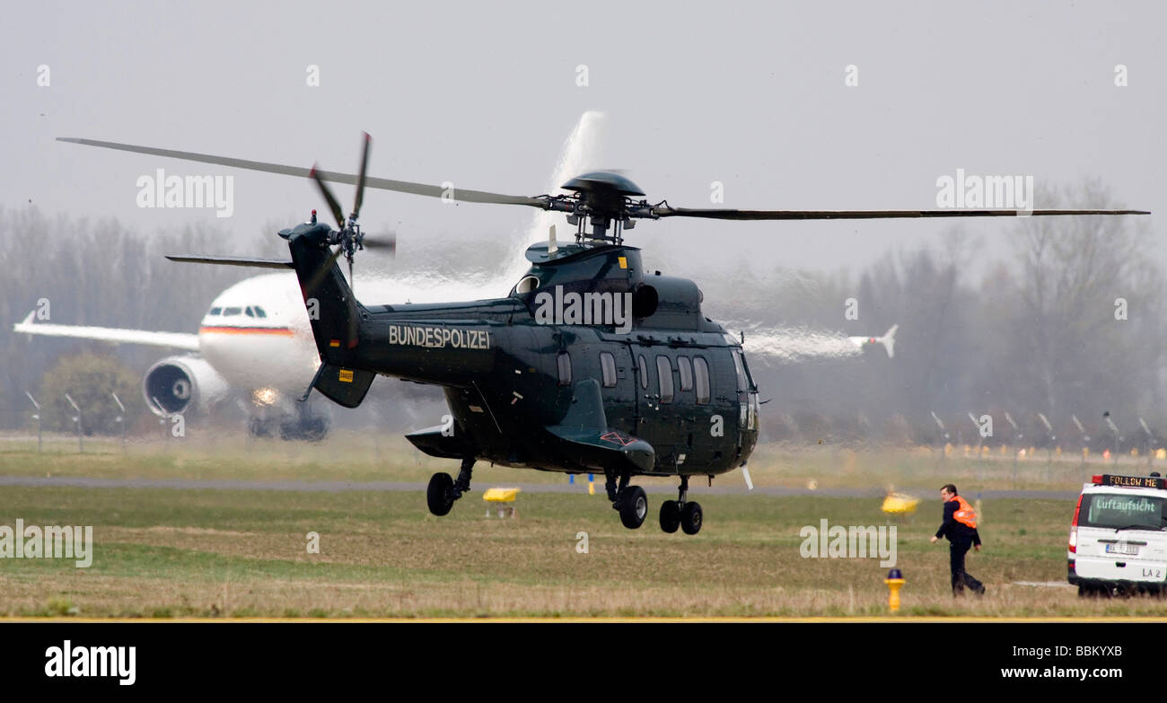 Super Puma helicopter of the Federal Police, 60 years NATO, the arrival of  the delegations at the airport Karlsruhe / Baden-Bad Stock Photo - Alamy