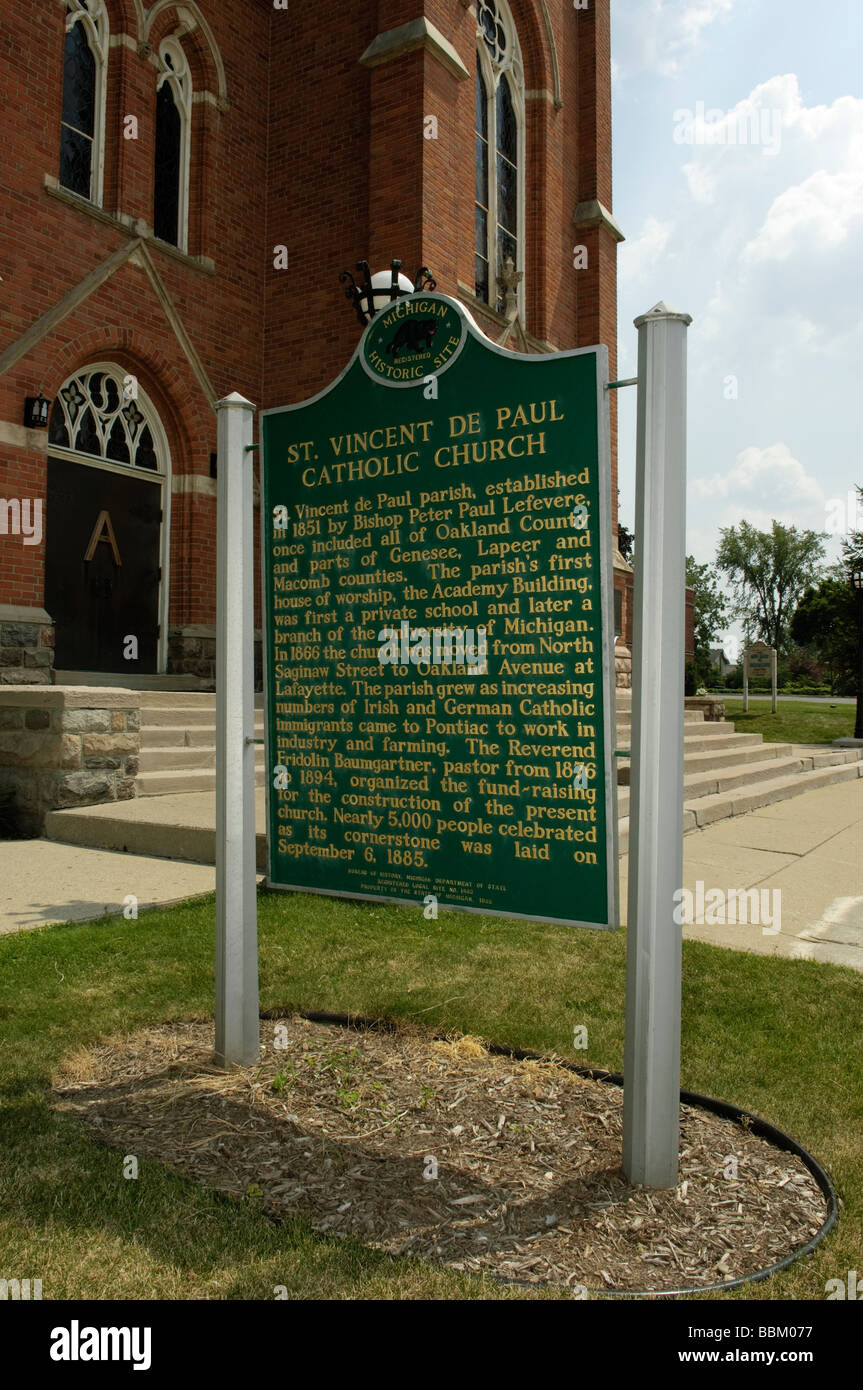 Historic marker for the Saint Vincent de Paul Catholic church in Pontiac Michigan USA. Stock Photo