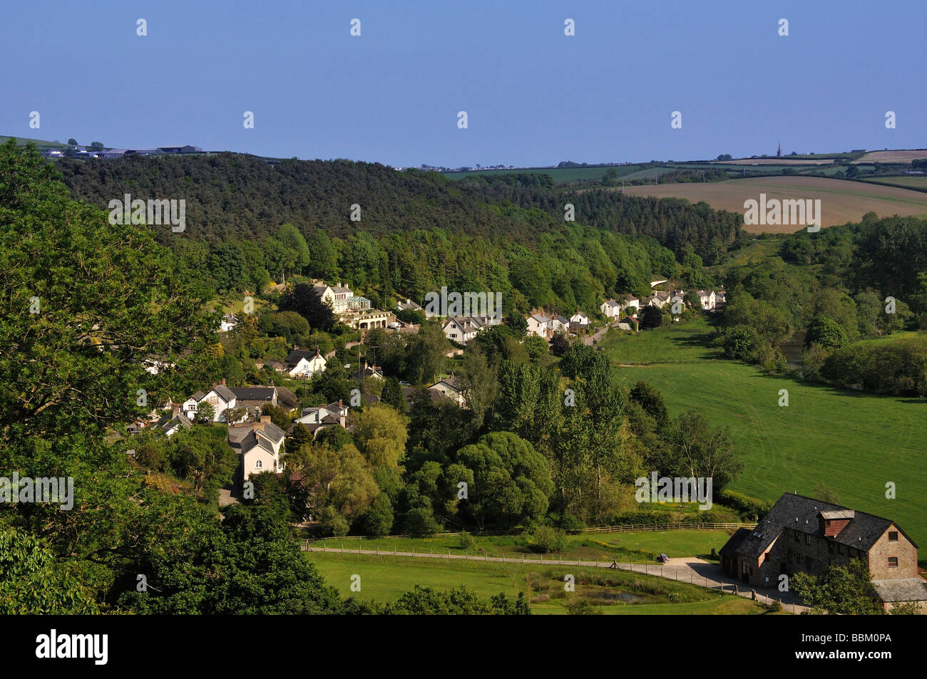 View from footpath overlooking part of the Devon village of Weare Giffard Stock Photo
