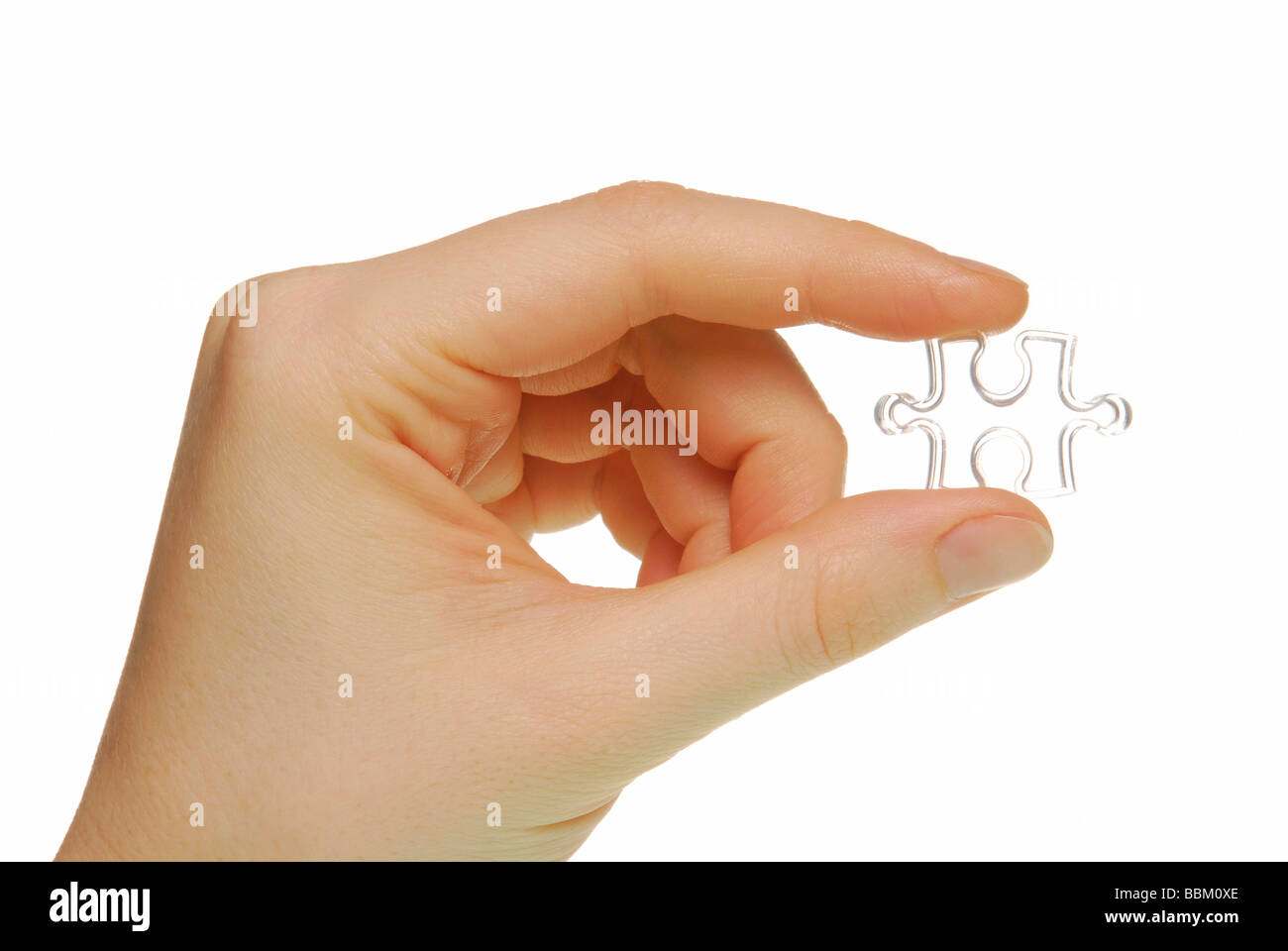 Female hand with jigsaw piece, symbolic for piece of the puzzle Stock Photo