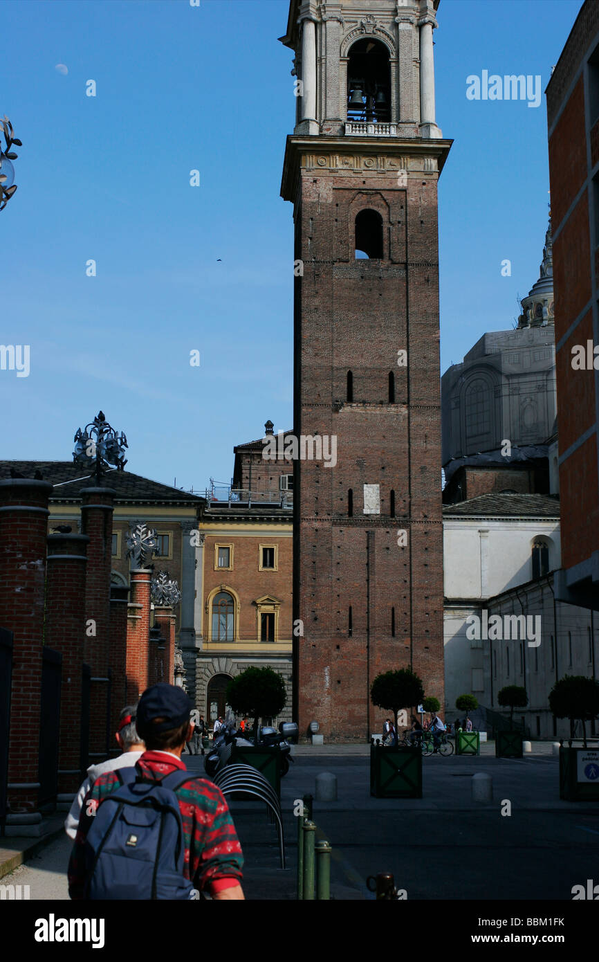 Belltower of the Duomo di Torino and tourists. Italy. Stock Photo