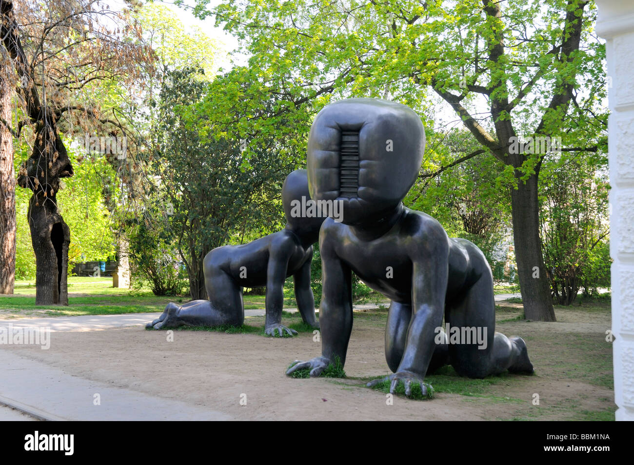 Museum of Modern Art - enormous faceless Baby sculptures on Kampa Island in Prague capital of the Czech Republic Stock Photo