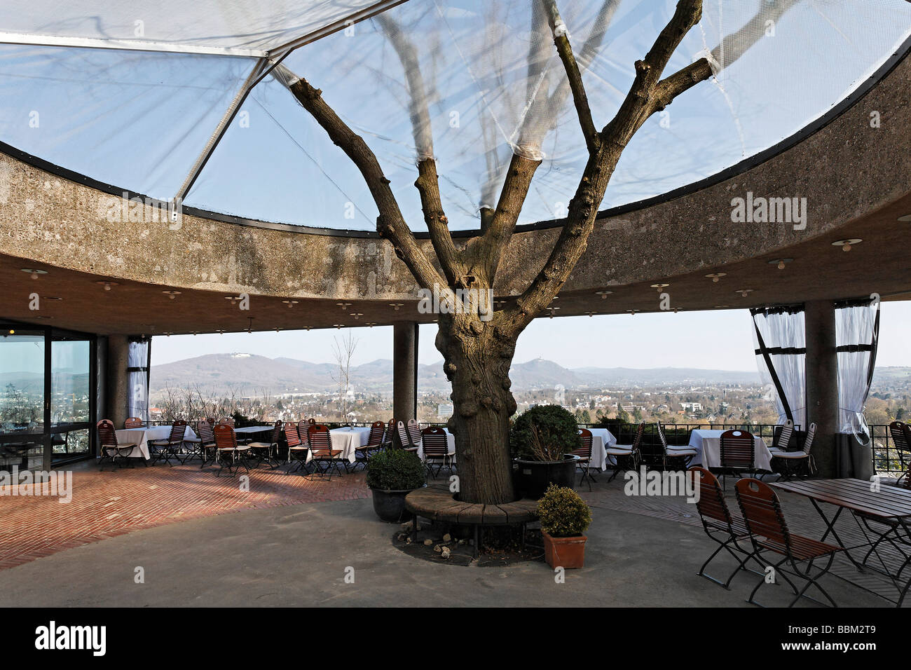 Restaurant patio at the Godesburg Castle, view of the Rhine Valley, BonnBad Godesberg, North