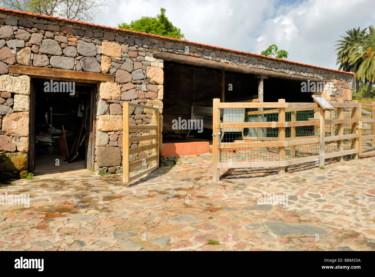 A farm animals shed in the Parque Agricola del Guiniguada, The Guiniguada Agricultural Park. The park has some farm animals and Stock Photo