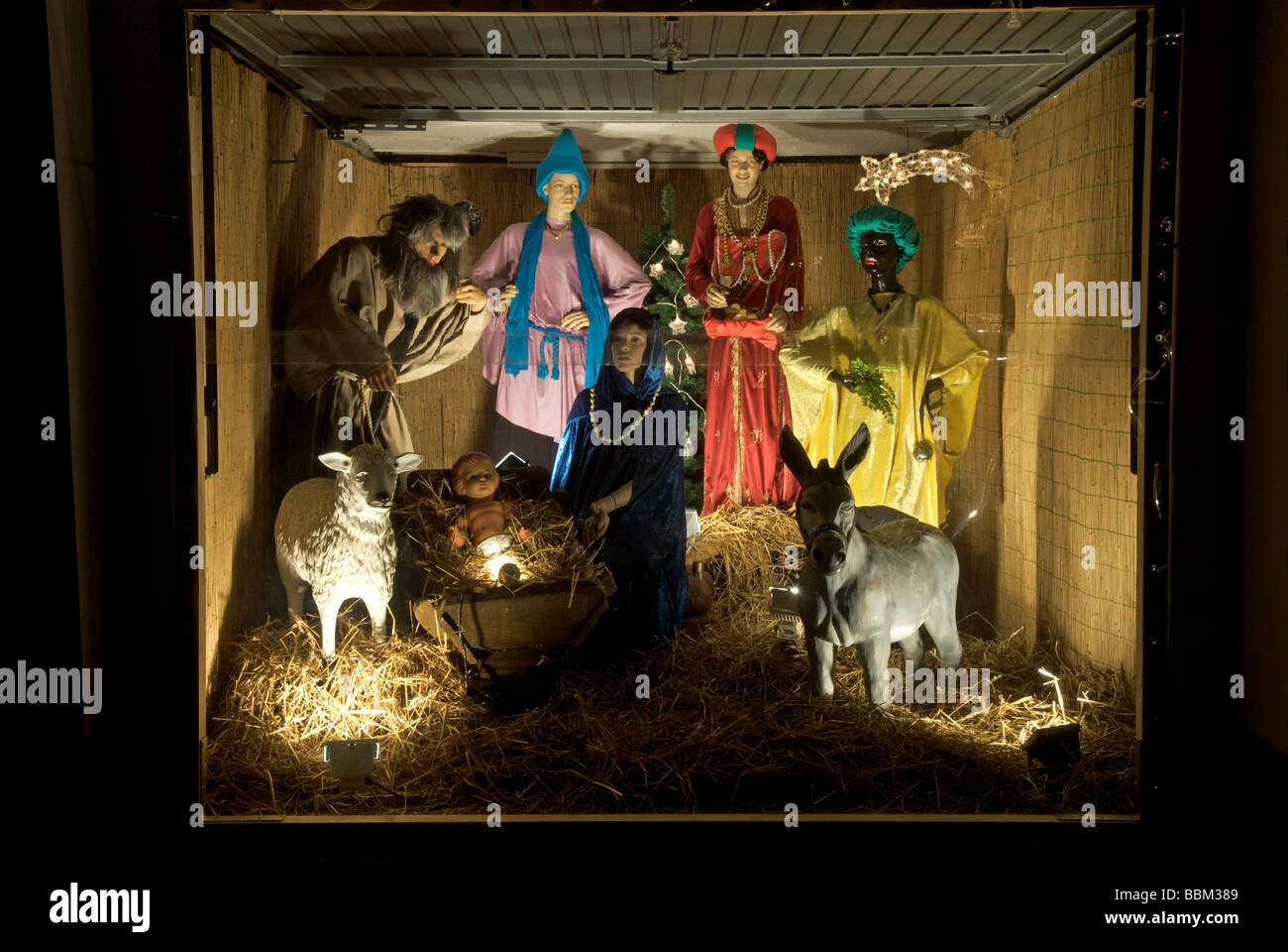 Nativity scene in a residential garage, Langenfeld, North Rhine-Westphalia, Germany. Stock Photo